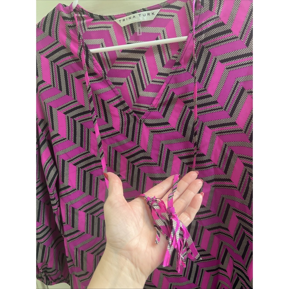 Trina Turk Dress Sz 2 Women's Pink Black Silk Sheath Elegant Work Church Shirt‎ - Picture 3 of 8
